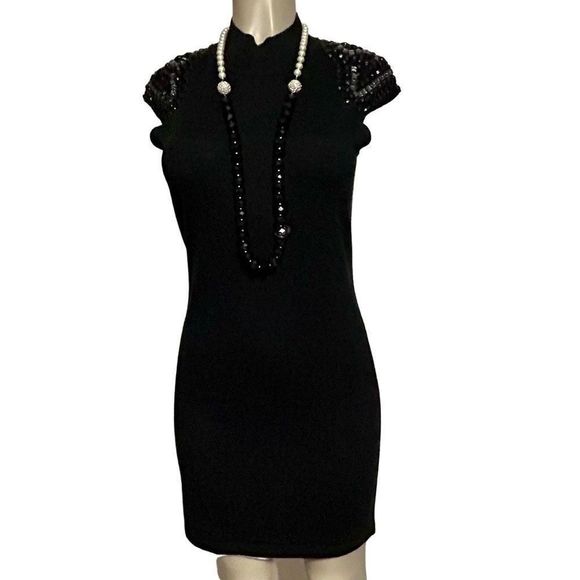 Design History Sweater Dress Women's Medium Black Fitted Cap Sleeves Embellished - Picture 1 of 12